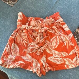 Aeropostale Orange & White High-Waist Tropical Paperbag Shorts